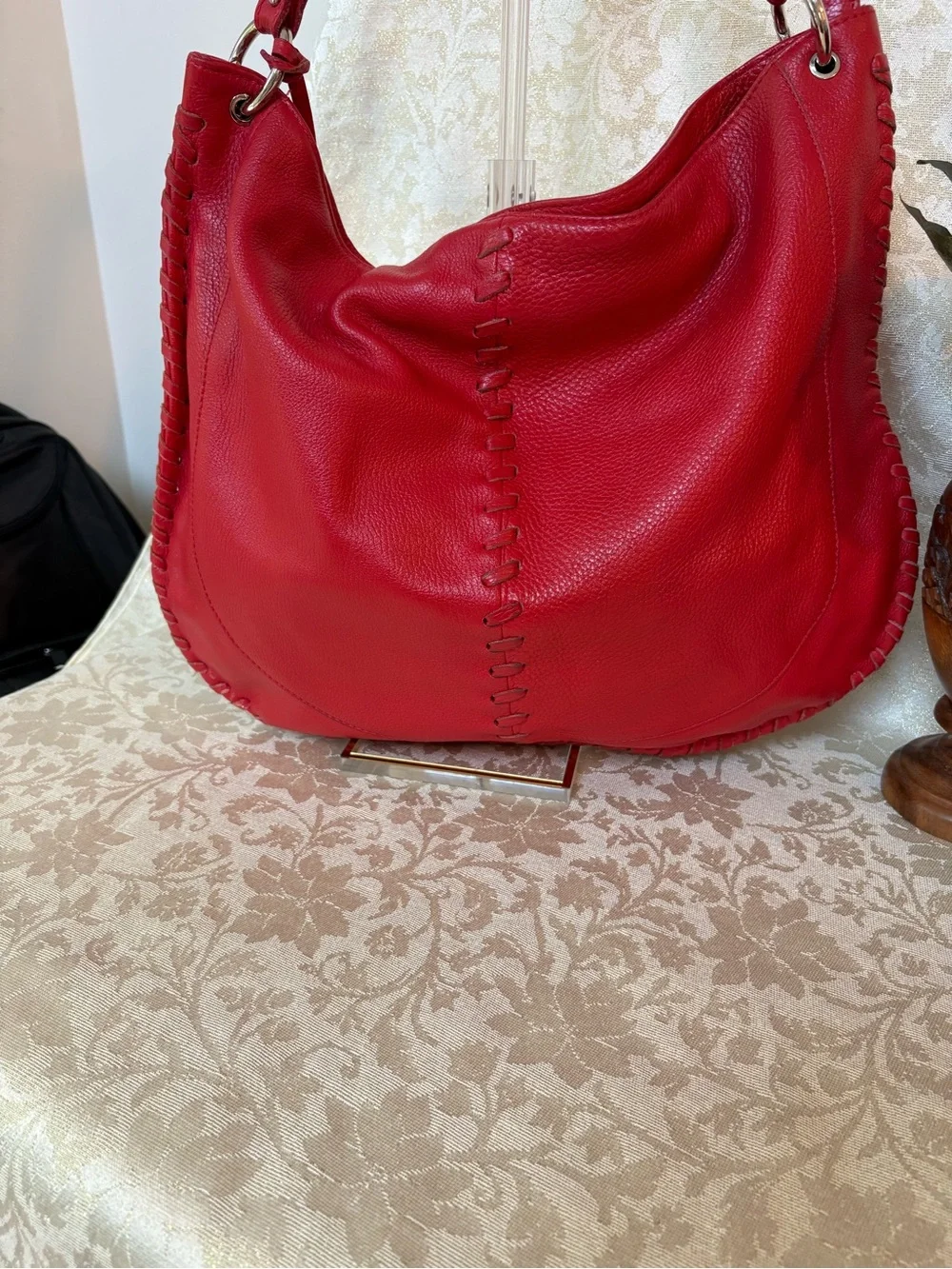 Pulicati Red Leather Whipstitched Hobo Shoulder Bag